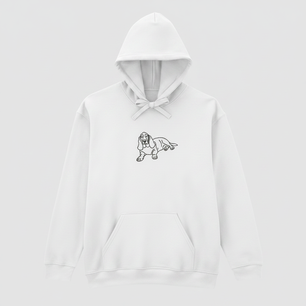 Bílá mikina s výšivkou basset hound