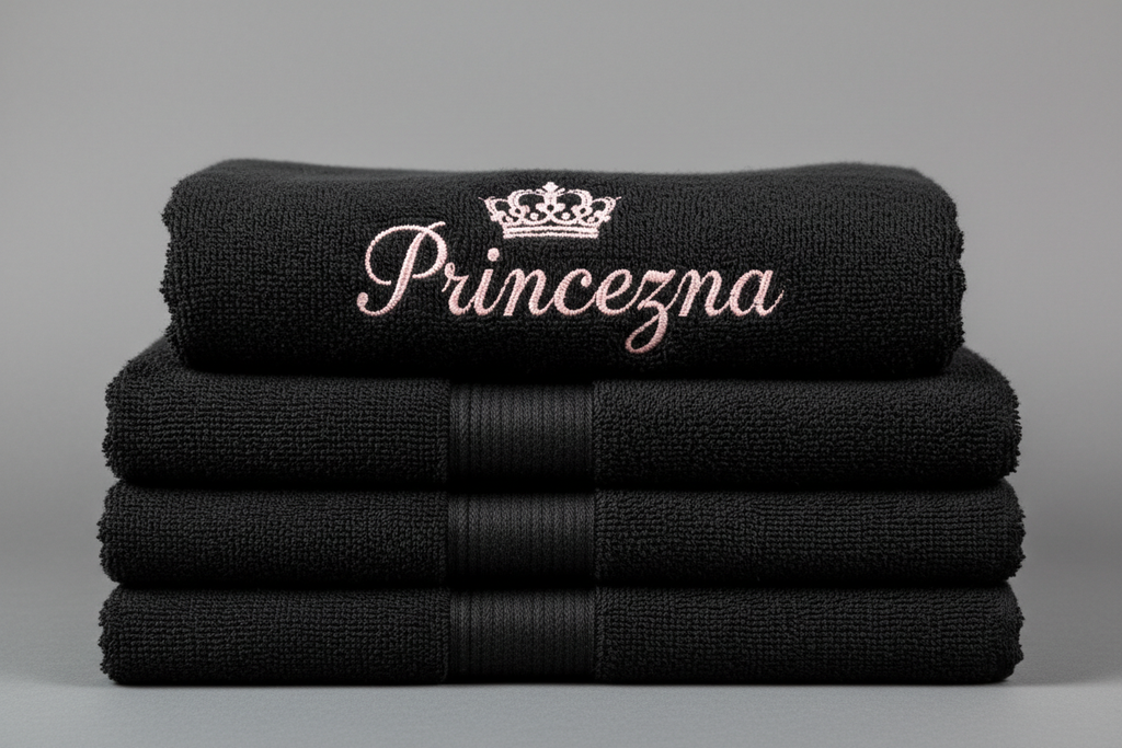 Černý ručník s výšivkou Princezna
