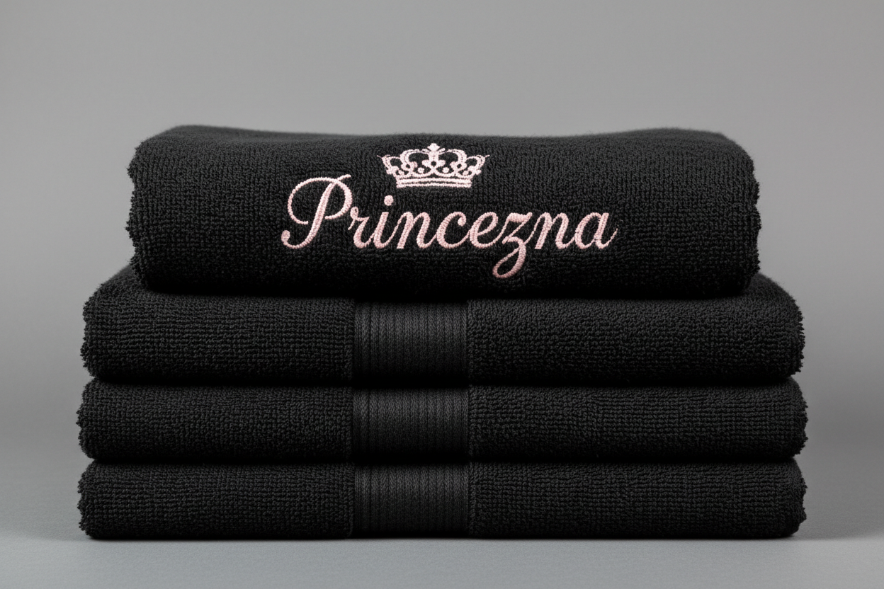 Černý ručník s výšivkou Princezna